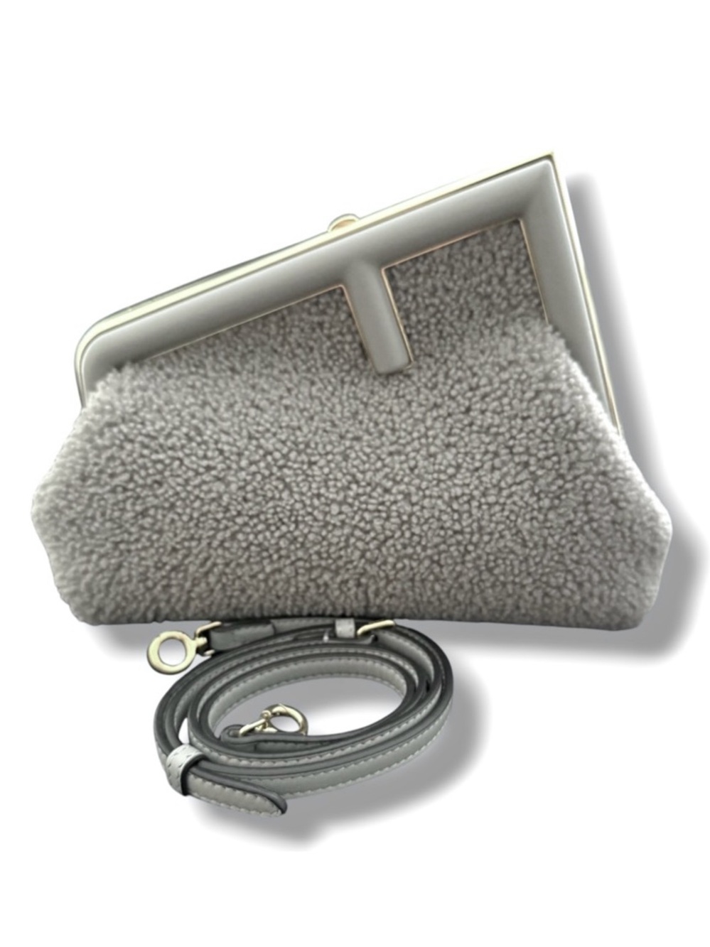 Fendi First Small Shearling Bag Gray Gold Hardware Unused w/ Detachable Strap